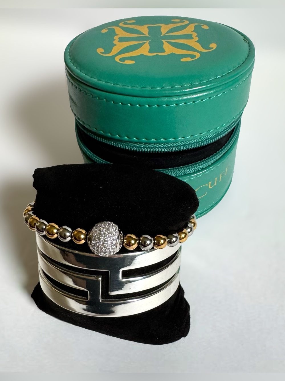 Rustic Cuff 2 Bracelet Set Stack Silver Tone Rhinestone Stretch Cuff NIB READ